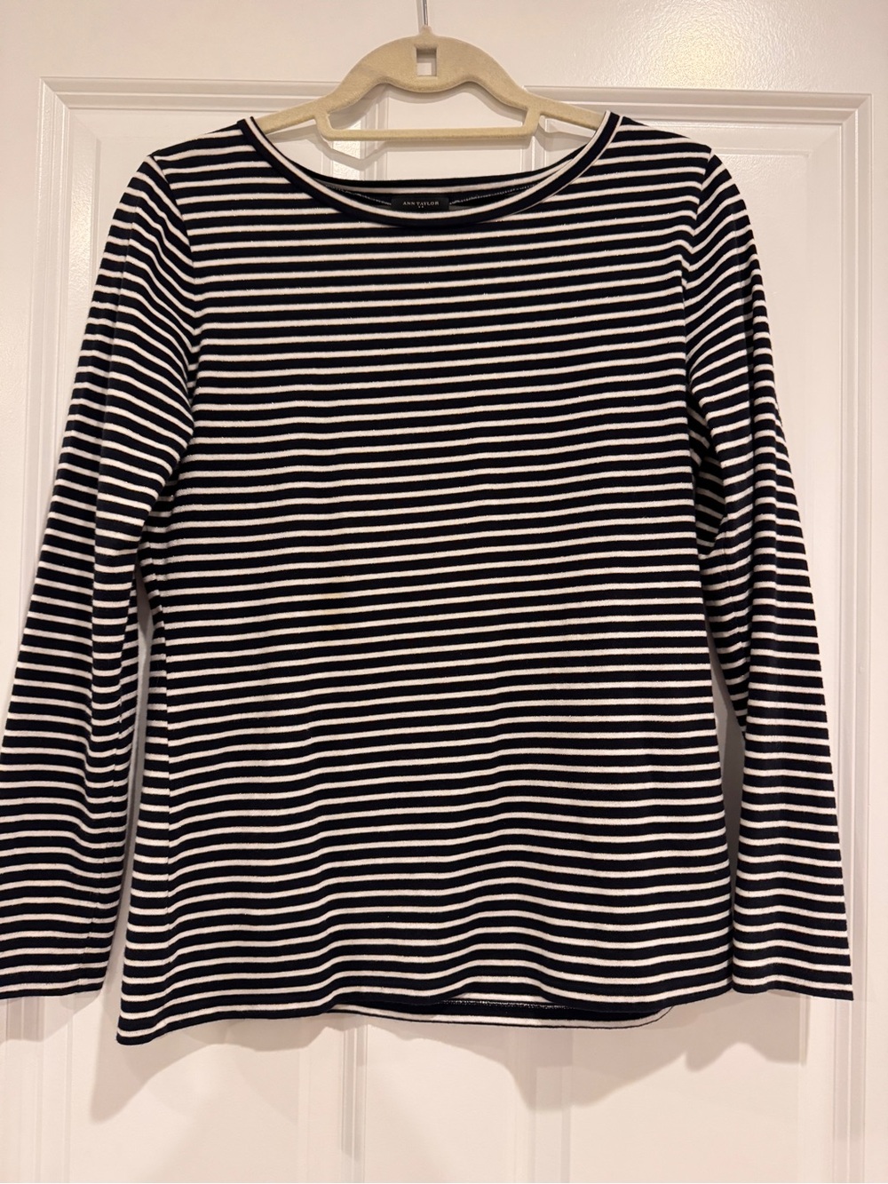 Ann Taylor Navy White Striped Top with Subtle Gold Metallic Threading Medium